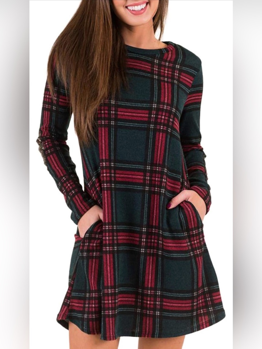 Mirol Plaid Long-Sleeve Pocket Dress - Green & Red